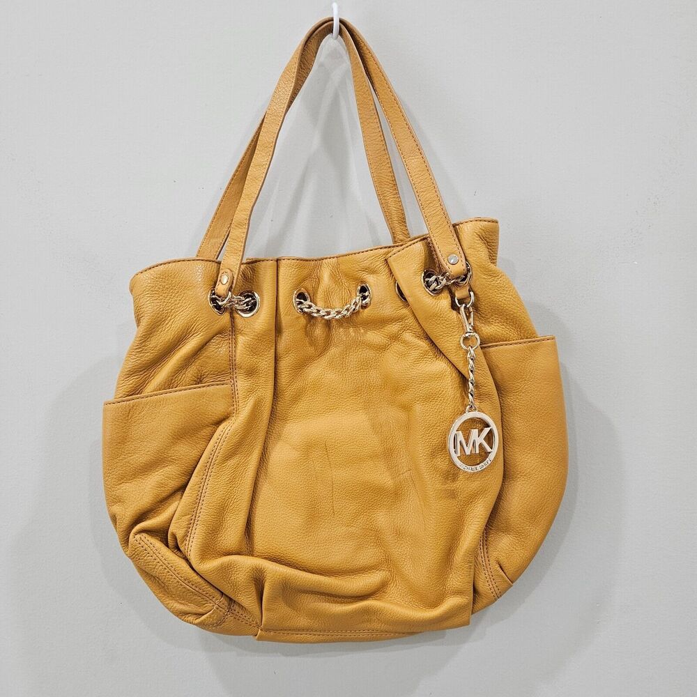 Michael Kors Pebbled Leather Hobo Shoulder Bag Yellow Chain Logo Detail Everyday